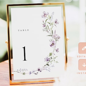 Lavendel bruiloft tafelnummers kaartsjabloon, Lila Wildflower Boho tafelnummers, elegante moderne afdrukbare nummerkaarten, download, Lana