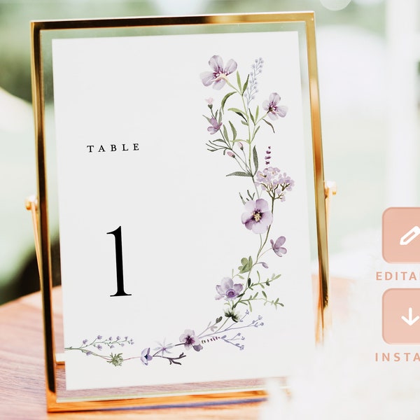 Lavender Wedding Table Numbers Card Template, Lilac Wildflower Boho Table Numbers, Elegant Modern Printable Number Cards, Download, Lana