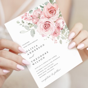 Blush Pink Wedding Invitation Template, Floral Greenery Wedding Invites, Printable Elegant Boho Sage Blush Rose Invitation, Instant Download