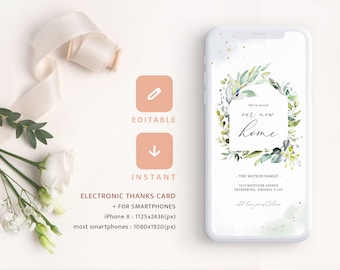 Moving Announcement New Address Electronic Postcard, Our New Home  eCard, Greenery We have moved Mobile Phone Template