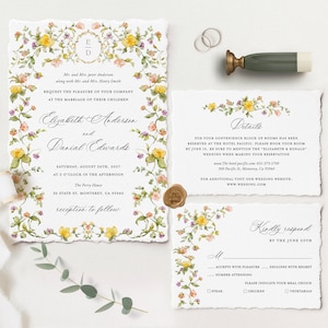 Set di modelli di invito di matrimonio floreale classico, suite di invito di matrimonio elegante e colorata, scheda RSVP con dettagli monogramma di fiori di campo stampabili