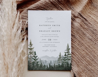 Mountain Wedding Invitation Template, Woodland Forest Pine Wedding Invites, Rustic Dark Sage Green Printable Wedding Card, Instant Download