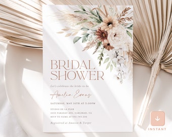 Boho Floral Bridal Shower Invitation Template, Sage Terracotta Bridal Brunch Invite, Printable Editable Elegant Pampas Shower, Download