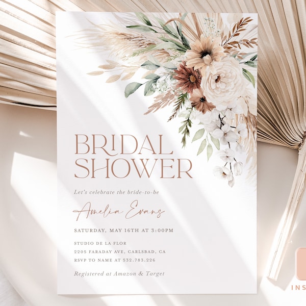 Boho Floral Bridal Shower Invitation Template, Sage Terracotta Bridal Brunch Invite, Printable Editable Elegant Pampas Shower, Download