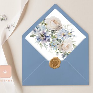 Dusty Blue Ivory Envelope Liner Template, Floral Boho A6 and A7 Euro flap & Square Flap, Printable DIY Light Blue Wedding Envelope Liners