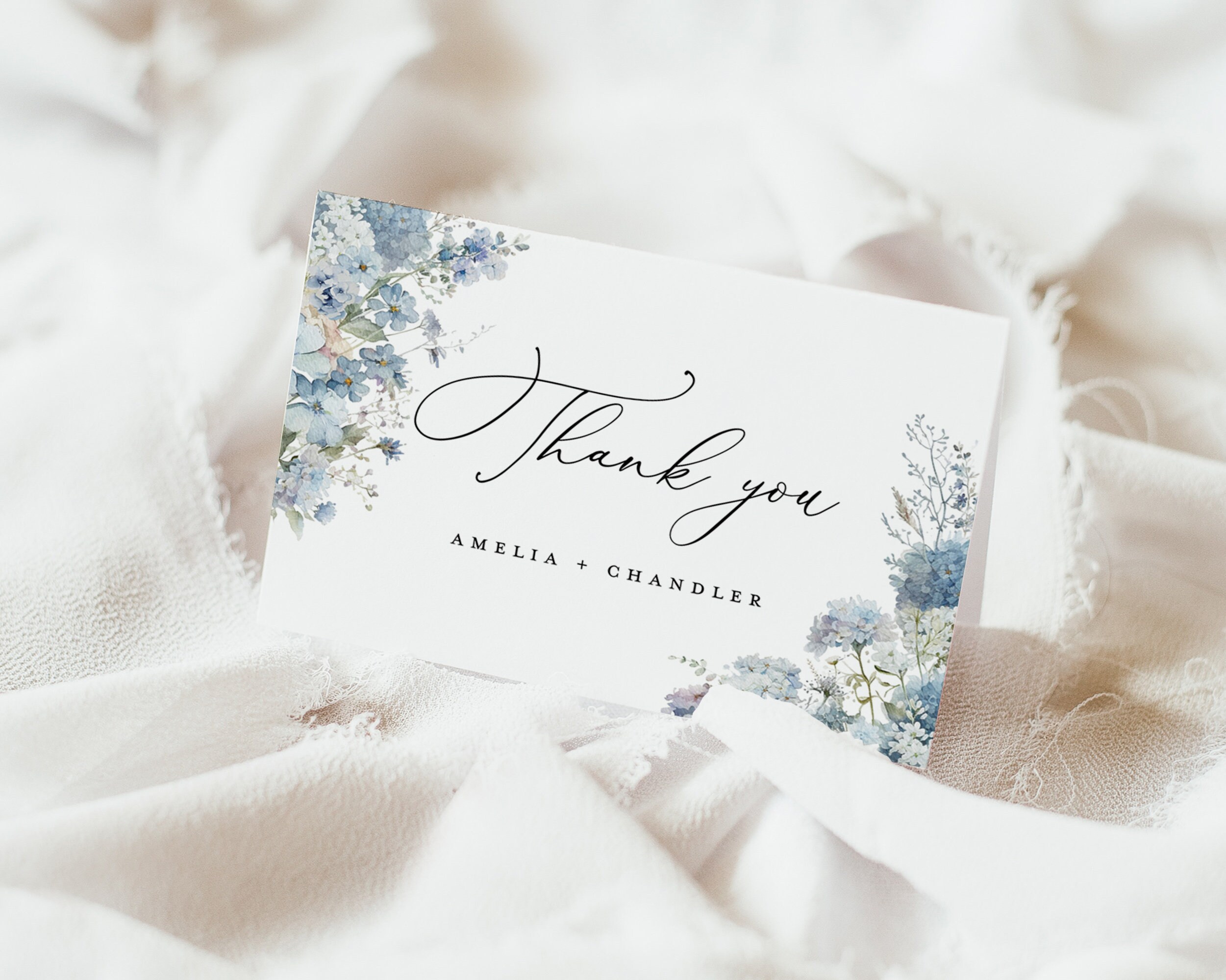 Dusty Blue Wedding Thank You Card Template, Boho Floral Thank You Note ...