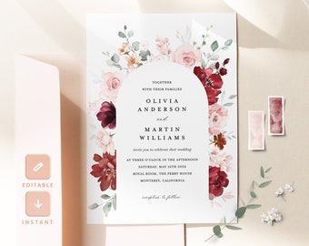 Burgundy Blush Wedding Invitation Template, Maroon Blush Arch Wedding Invite, Marsala Floral Editable Invitation, Red Printable Invite