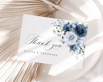 Plantilla de tarjeta de agradecimiento de boda azul marino polvoriento, nota de agradecimiento boho floral, elegante jardín acero azul claro rosa gracias mesa lugar tarjeta