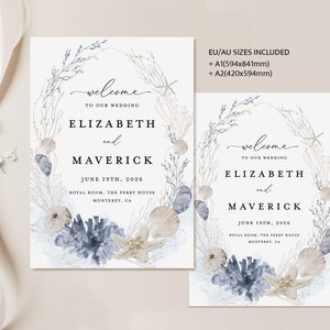 May include: A wedding announcement with a watercolor design featuring seashells, starfish, and coral. The announcement reads "Welcome to our wedding Elizabeth and Maverick June 19th, 2026 Royal Room, The Perry House Monterey, CA".