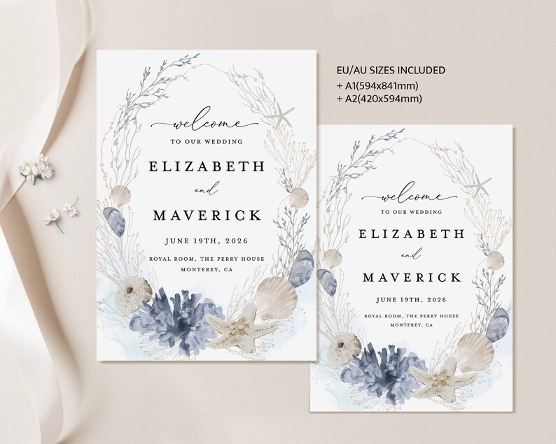 May include: A wedding announcement with a watercolor design featuring seashells, starfish, and coral. The announcement reads "Welcome to our wedding Elizabeth and Maverick June 19th, 2026 Royal Room, The Perry House Monterey, CA".