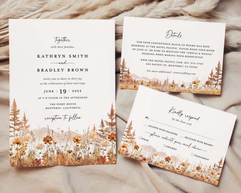Fall Mountain Wedding Invitation Template Set, Wildflower Terracotta Forest Wedding Invite Suite, Rustic Details Card, RSVP, Download image 9