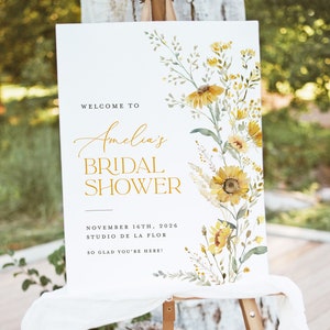 Plantilla de cartel de bienvenida de despedida de soltera de girasol, Letrero de brunch nupcial de flores silvestres boho, Letrero grande floral amarillo salvia imprimible, Descargar