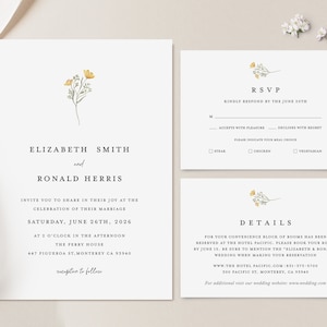 Minimalist Wedding Invitation Template, Customizable Floral Greenery Modern Elegant Wedding Invite Set, Simple Editable RSVP, Details, Mia