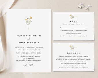 Minimalist Wedding Invitation Template, Customizable Floral Greenery Modern Elegant Wedding Invite Set, Simple Editable RSVP, Details, Mia