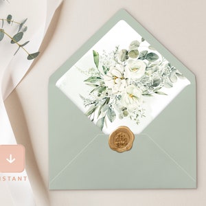 Boho Umschlag Liner, Salbei Grün A6 und A7 Euro Klappe & Quadrat Klappe Vorlage, druckbare DIY Greenery weiße Blumen Hochzeit Umschlag Liner