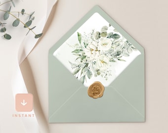 Boho Envelope Liner, Sage Green A6 and A7 Euro flap & Square Flap Template, Printable DIY Greenery White Floral Wedding Envelope Liners