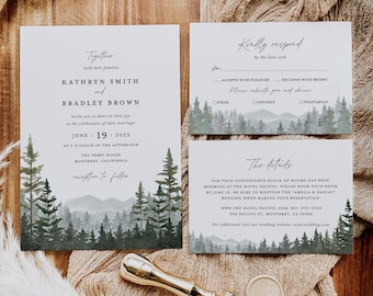 Ensemble de modèles de faire-part de mariage en montagne, suite d'invitations de mariage de pins forestiers, carte de détails sauge rustique, RSVP imprimable, téléchargement