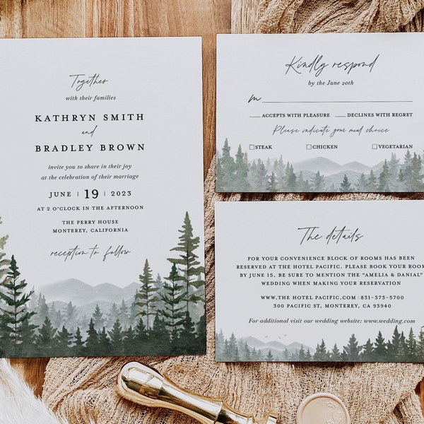 Mountain Wedding Invitation Template Set, Woodland Forest Pine Wedding Invite Suite, Rustic Sage Details Card, Printable RSVP, Download