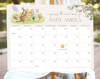 Winnie The Pooh Baby Guess The due Date Calendar Game Sign, Editable Classic Pooh Baby Shower Template, Baby Guessing Game, Download