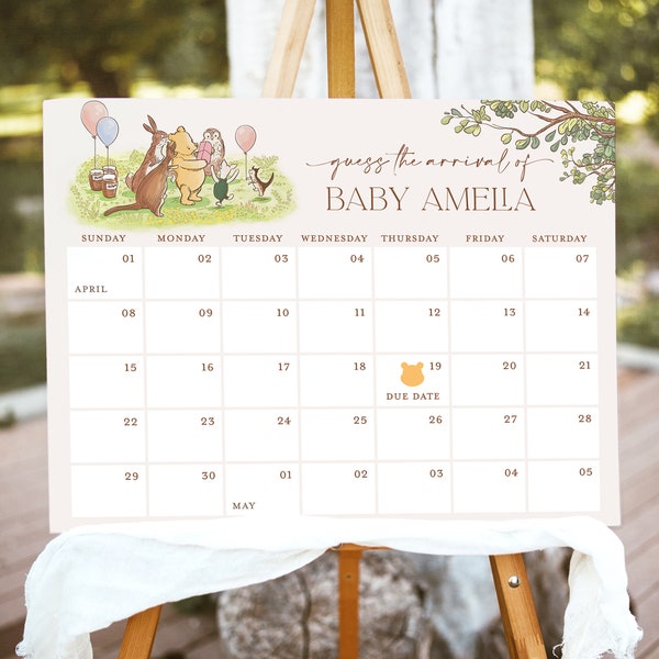 Winnie The Pooh Baby Guess The due Date Calendar Game Sign, Editable Classic Pooh Baby Shower Template, Baby Guessing Game, Download