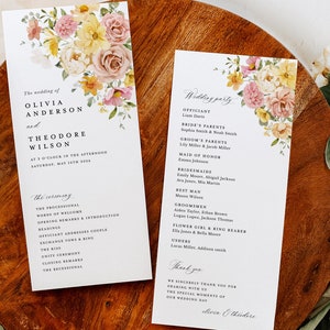 Plantilla colorida de programas de bodas en colores pastel, programa de ceremonia boho, itinerario del jardín de primavera amarillo rosa rubor floral, descarga instantánea