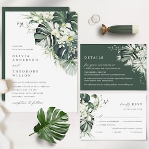 Ensemble de modèles de faire-part de mariage tropical, suite d'invitations de mariage Monstera, carte de détails de destination plage palmier sauge bohème, RSVP imprimable