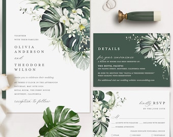 Tropical Wedding Invitation Template Set, Monstera Wedding Invite Suite, Boho Sage Palm Tree Destination Beach Details Card, Printable RSVP