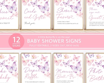 Little Butterfly Baby Shower Signs Bundle Template, Printable Editable Pink Purple Floral Sign Set, Baby Shower Decor Sign, Instant Download