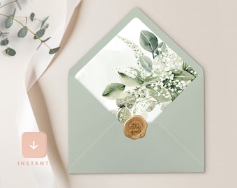 Boho Envelop Liner, Sage Green A6 en A7 Euro flap & Square Flap Template, Afdrukbare DIY Greenery Wedding Envelope Liners, Ella
