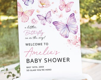 Butterfly Baby Shower Welcome Sign Template, Pink Purple Printable Baby Brunch Sign, A Little Butterfly Floral Welcome poster, Download