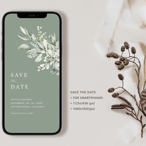 Electronic Save The Date Wedding Invitation Template, Sage Green Evite Save The Date, Eucalyptus iPhone Invite, Digital Invite, Ecard, Cloe image 2