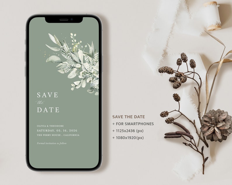 Electronic Save The Date Wedding Invitation Template, Sage Green Evite Save The Date, Eucalyptus iPhone Invite, Digital Invite, Ecard, Cloe image 2