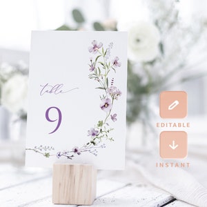 Lavendel tabel nummers kaart, Boho bruids douche sjabloon, bloemen Lila bruiloft elegante afdrukbare bewerkbare tabel nummerkaarten, downloaden, Lana