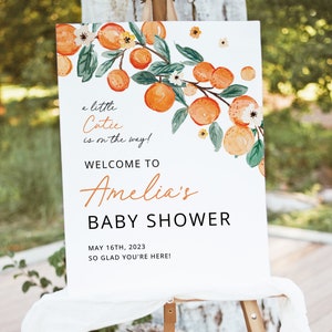 Uma pequena gracinha está a caminho Modelo de placa de boas-vindas para chá de bebê, placa cítrica editável para chá de bebê, pôster de boas-vindas em flor de laranjeira, download