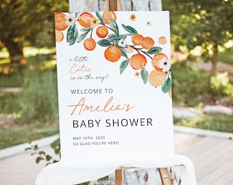 A little Cutie Is On The Way Baby Shower Welcome Sign Template, Editable Citrus Baby Shower Sign, Orange Blossom Welcome poster, Download