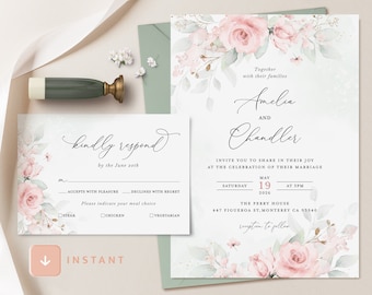 Blush Pink Wedding Invitation Template, Floral Greenery Wedding Invite Suite, Boho Sage Blush Rose Invites Set, Elegant Printable RSVP