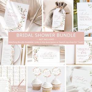 May include: A printable bridal shower bundle with a floral theme. The bundle includes a welcome sign, a menu, a mimosa bar sign, cupcake toppers, a thank you card, and a favor tag. The design features pink and green watercolor flowers.