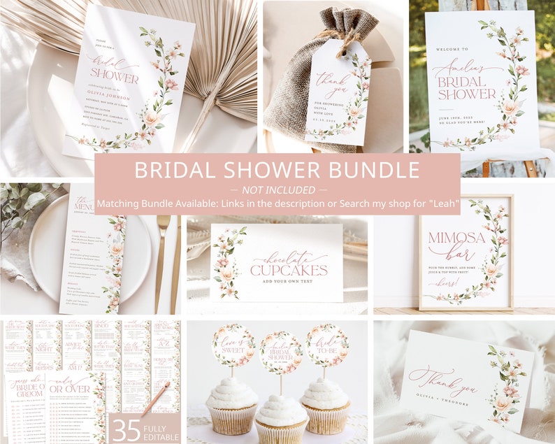 May include: A printable bridal shower bundle with a floral theme. The bundle includes a welcome sign, a menu, a mimosa bar sign, cupcake toppers, a thank you card, and a favor tag. The design features pink and green watercolor flowers.