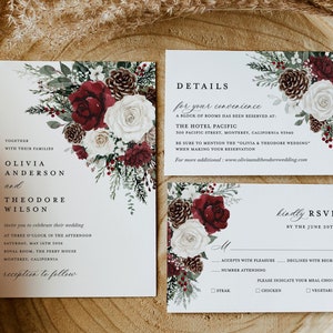 Winter Christmas Wedding Invitation Template Set, Burgundy Floral Wedding Invites Suite, Boho Rustic Forest Pine Rose RSVP Details Card image 9