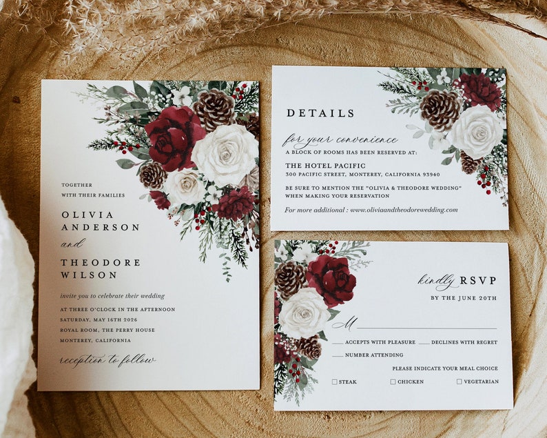 Winter Christmas Wedding Invitation Template Set, Burgundy Floral Wedding Invites Suite, Boho Rustic Forest Pine Rose RSVP Details Card image 9