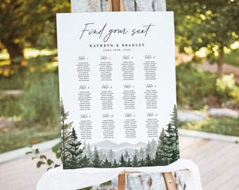 Mountain Wedding Seating Chart Template, Printable Woodland Forest Pine Large Guest Seating Chart Sign Board, Editable Rustic Table Seating