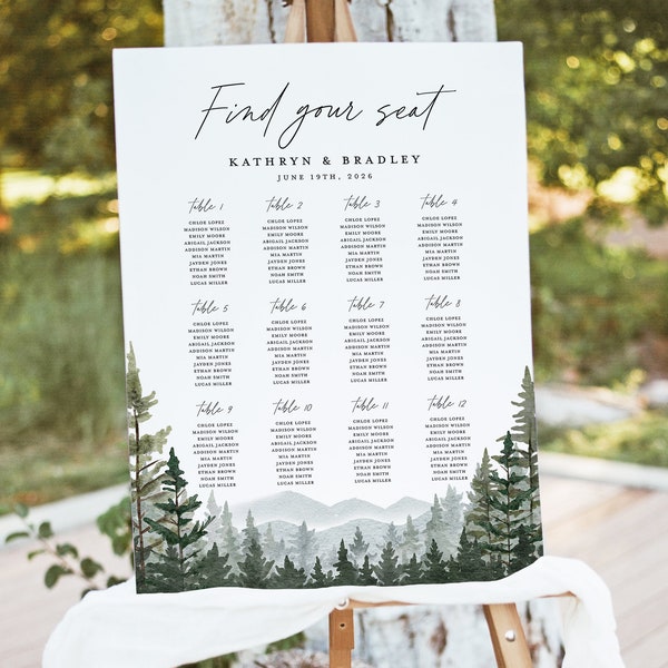 Mountain Wedding Seating Chart Template, Printable Woodland Forest Pine Large Guest Seating Chart Sign Board, Editable Rustic Table Seating