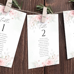 Blush Pink Sage Wedding Seating Chart Card Template, Floral Table Number Card, Bewerkbare Boho Rose Hangende Gast Zitplank, Download