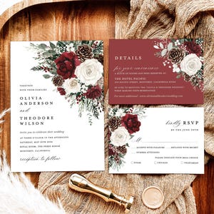 Winter Christmas Wedding Invitation Template Set, Burgundy Floral Wedding Invites Suite, Boho Rustic Forest Pine Rose RSVP Details Card