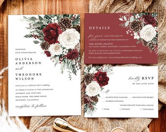 Winter Christmas Wedding Invitation Template Set, Burgundy Floral Wedding Invites Suite, Boho Rustic Forest Pine Rose RSVP Details Card