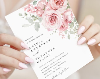 Blush Pink Wedding Invitation Template, Floral Greenery Wedding Invites, Printable Elegant Boho Sage Blush Rose Invitation, Instant Download