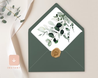 Sage Green Envelope Liner Template, Botanical Rustic A6 and A7 Euro flap & Square Flap, Printable DIY Greenery Wedding Envelope Insert