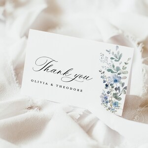 Boho Dusty Blue Wedding Thank You Card Template, Wildflower Thank You ...
