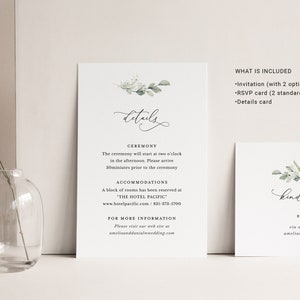 Sage Boho Wedding Invitation Template, Greenery Wedding Invite Set, Elegant Eucalyptus Minimalist Editable Details Card, Printable RSVP image 5