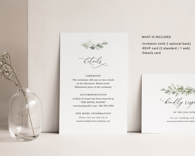 Sage Boho Wedding Invitation Template, Greenery Wedding Invite Set, Elegant Eucalyptus Minimalist Editable Details Card, Printable RSVP image 5